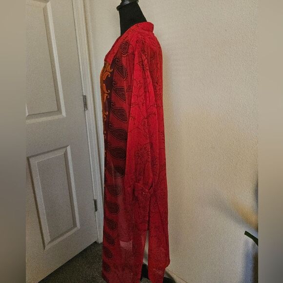 Vintage Nouveau Monde Red Sheer Paisley Print Long Sleeve LongLine Tunic Size 1X - Picture 4 of 6